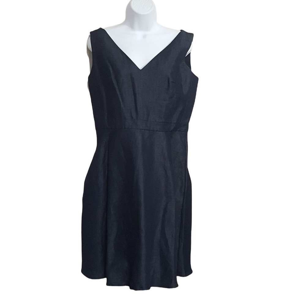 Dress Size 10 Linen Blend Sleeveless Fit Flare V Neck Knee Length Wet Look Blue